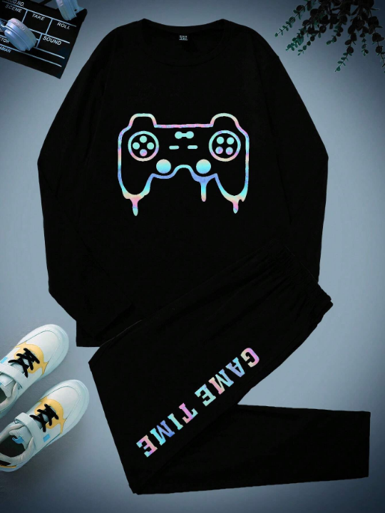 Men's Black Video Game Printed Round Neck Homewear Set