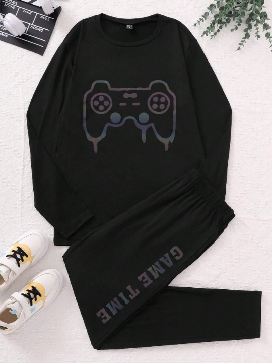 Men's Black Video Game Printed Round Neck Homewear Set