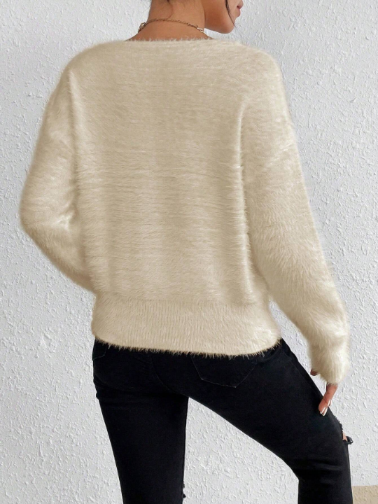 Essnce Solid Drop Shoulder Fluffy Knit Sweater