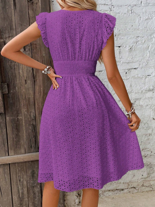 VCAY Eyelet Embroidery Butterfly Sleeve Ruffle Hem Dress