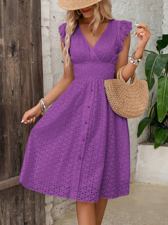 VCAY Eyelet Embroidery Butterfly Sleeve Ruffle Hem Dress