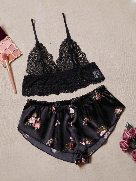 Floral Lace Bralette With Floral Print Satin Shorts