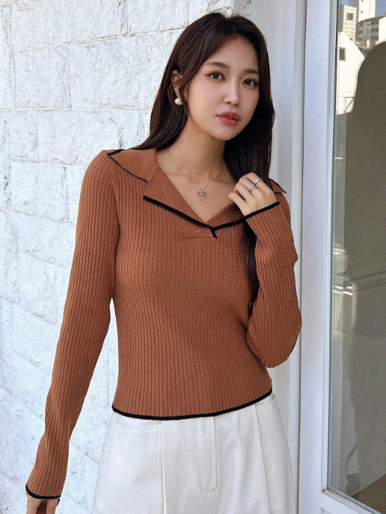 DAZY Contrast Binding Ribbed Knit Sweater