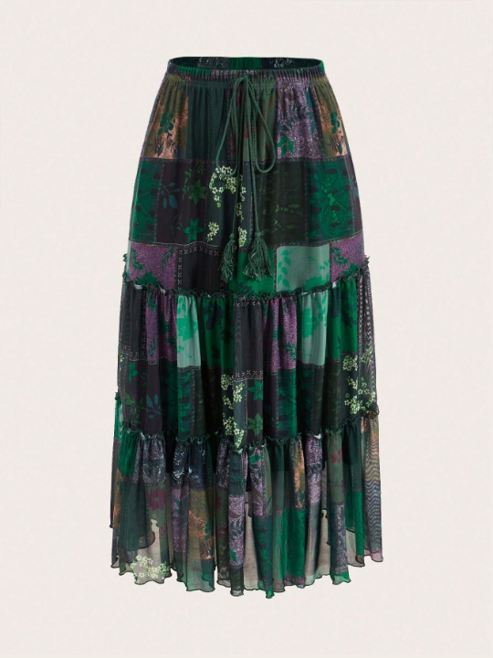 ROMWE PUNK Patchwork Print Layered Hem Skirt