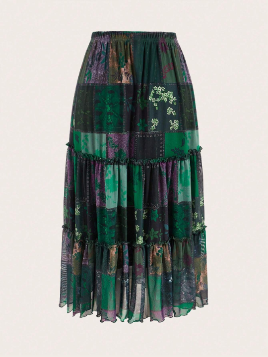 ROMWE PUNK Patchwork Print Layered Hem Skirt