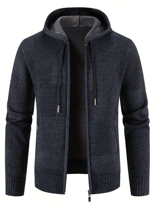 Men's Thickened And Warm Knitted Cardigan With Zipper And Hood, Slim Fit, Front Opening And Long Sleeve