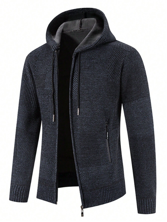 Men's Thickened And Warm Knitted Cardigan With Zipper And Hood, Slim Fit, Front Opening And Long Sleeve