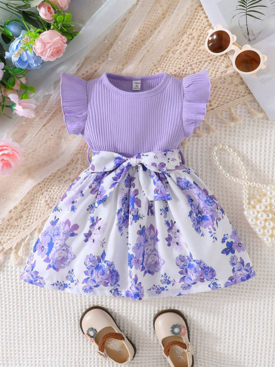 Baby Girl Floral Print Ruffle Trim Dress