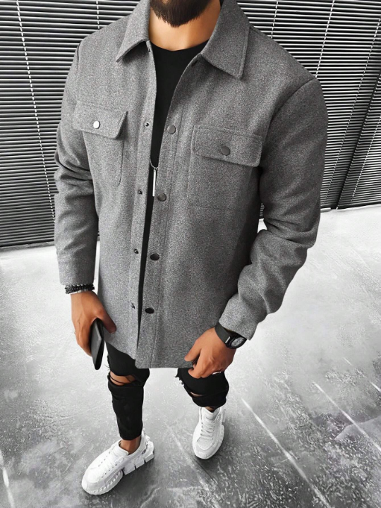 Men's Plain Woolen Coat With Cargo Pockets