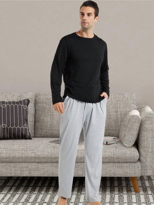 Men's Autumn & Winter 2pcs/set Homewear Long Sleeve T-shirt, Bottoming Shirt, And Long Pants Sleepwear Suit