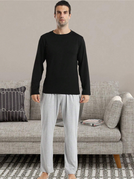 Men's Autumn & Winter 2pcs/set Homewear Long Sleeve T-shirt, Bottoming Shirt, And Long Pants Sleepwear Suit