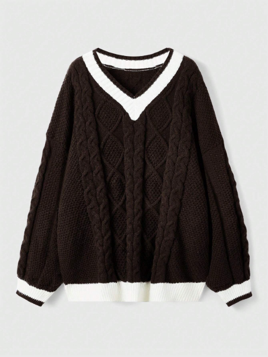 ROMWE Kawaii Contrast Color Rolled Hem Cable Knit Sweater