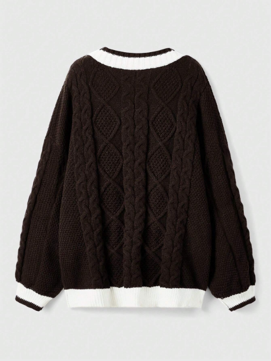 ROMWE Kawaii Contrast Color Rolled Hem Cable Knit Sweater