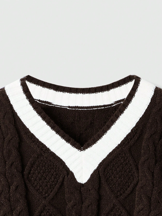 ROMWE Kawaii Contrast Color Rolled Hem Cable Knit Sweater