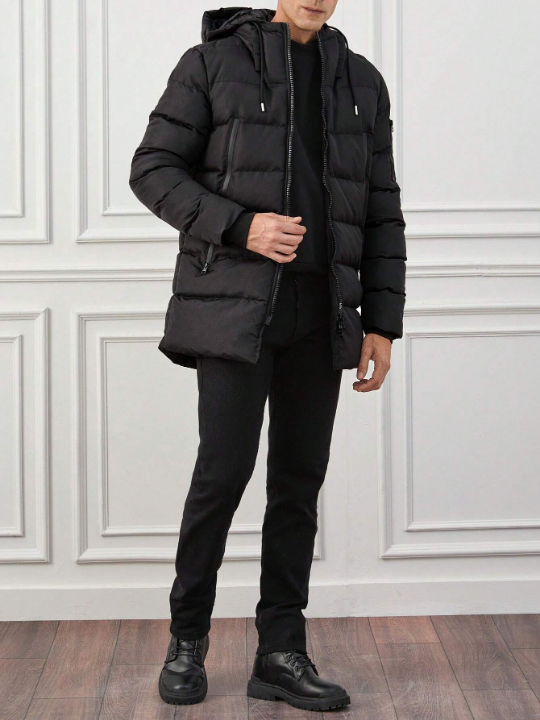 Men Zip Up Drawstring Hooded Puffer Coat