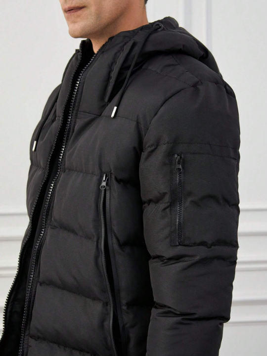 Men Zip Up Drawstring Hooded Puffer Coat