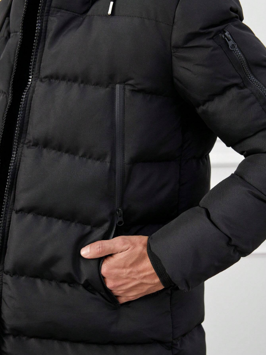 Men Zip Up Drawstring Hooded Puffer Coat