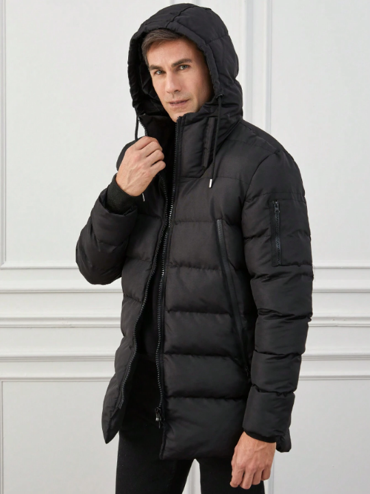 Men Zip Up Drawstring Hooded Puffer Coat