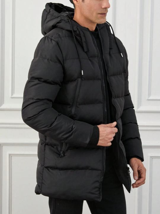 Men Zip Up Drawstring Hooded Puffer Coat