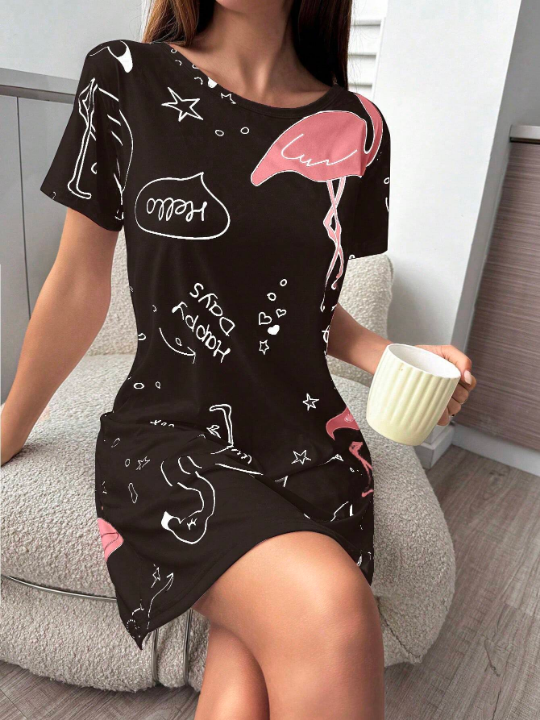 Pajamas/nightgown With Text And Flamingo Print