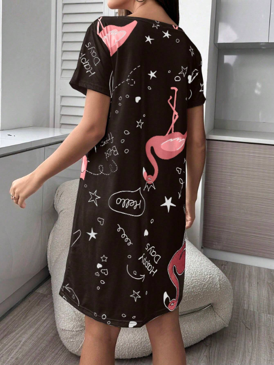 Pajamas/nightgown With Text And Flamingo Print