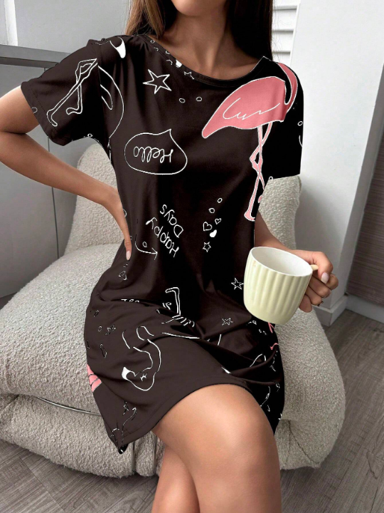 Pajamas/nightgown With Text And Flamingo Print