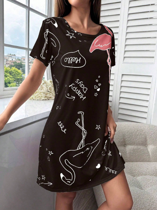 Pajamas/nightgown With Text And Flamingo Print