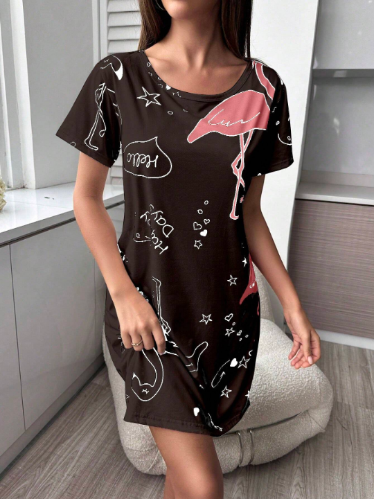 Pajamas/nightgown With Text And Flamingo Print