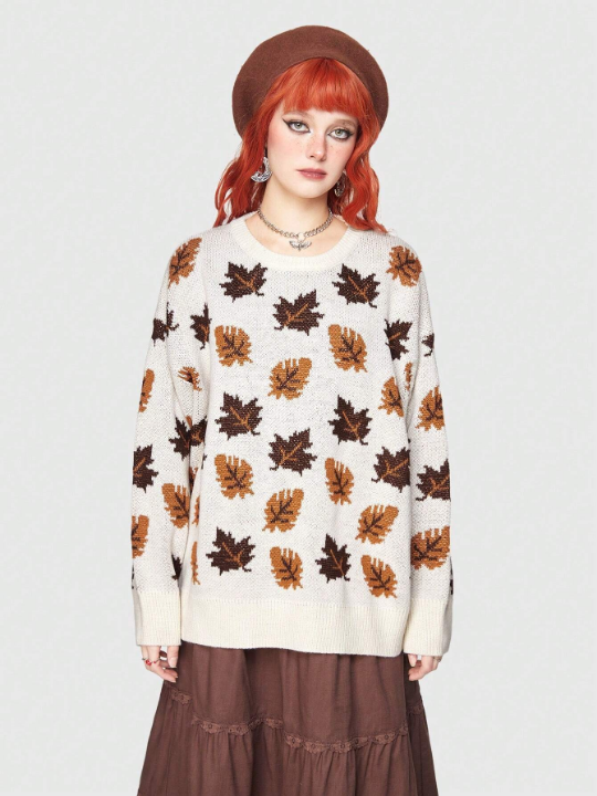 ROMWE Fairycore Women'S Drop Shoulder Sweater With Leaf Pattern Design