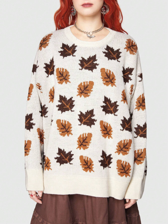 ROMWE Fairycore Women'S Drop Shoulder Sweater With Leaf Pattern Design