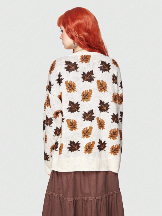 ROMWE Fairycore Women'S Drop Shoulder Sweater With Leaf Pattern Design