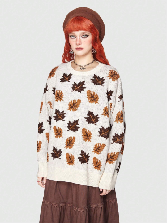 ROMWE Fairycore Women'S Drop Shoulder Sweater With Leaf Pattern Design