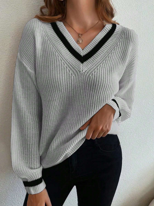 Frenchy Striped Trim Drop Shoulder Sweater