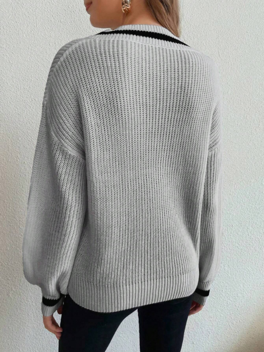 Frenchy Striped Trim Drop Shoulder Sweater