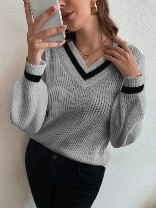 Frenchy Striped Trim Drop Shoulder Sweater