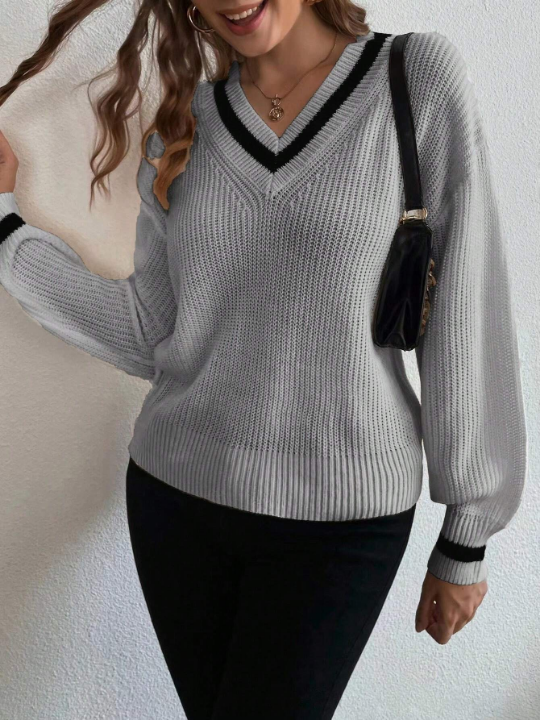 Frenchy Striped Trim Drop Shoulder Sweater