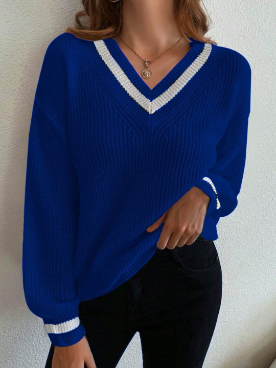 Frenchy Striped V-neck Pullover Sweater