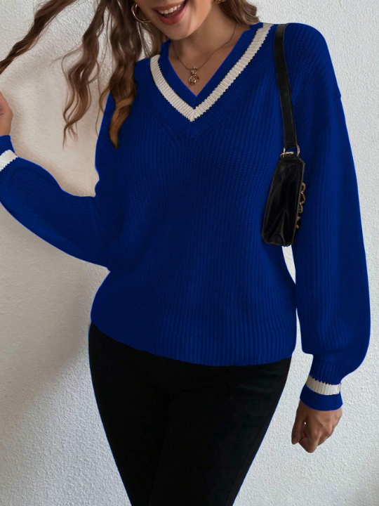 Frenchy Striped V-neck Pullover Sweater