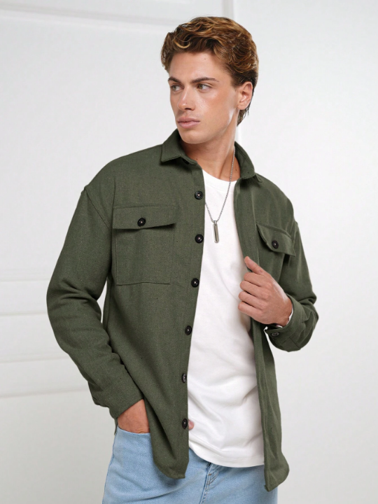 Cottnline Men's Solid Color Flap Pocket Jacket