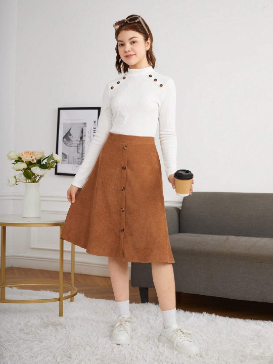 Teen Girls' Solid Color A-line Skirt With Button Details