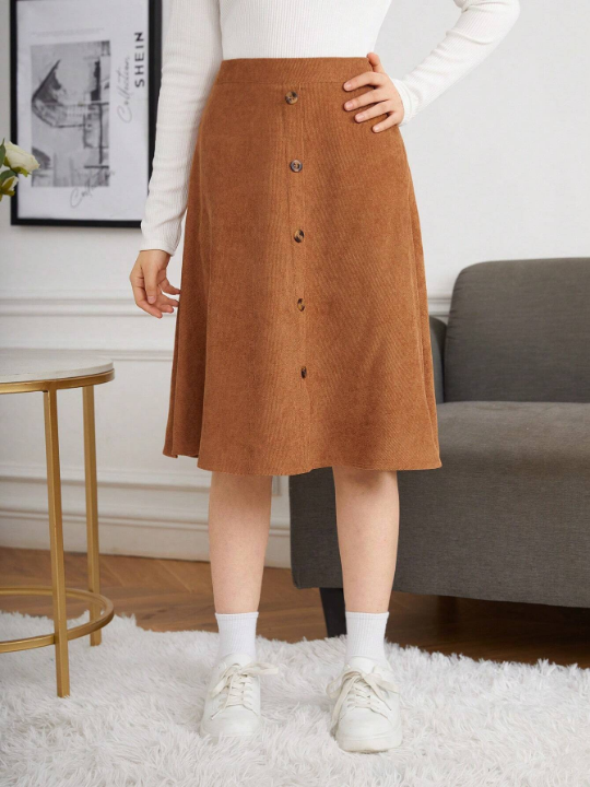 Teen Girls' Solid Color A-line Skirt With Button Details