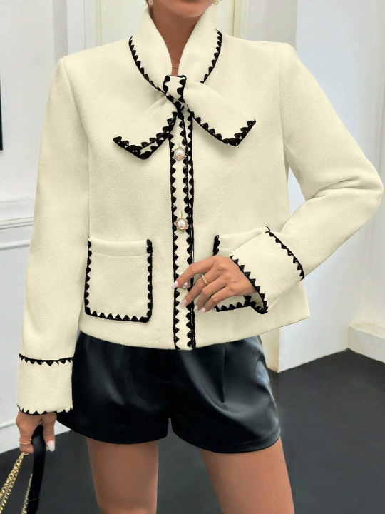 Priv Knotted Collar Contrast Trim Woolen Coat With Double Pockets