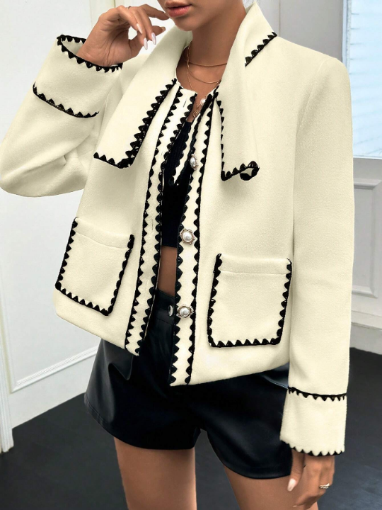 Priv Knotted Collar Contrast Trim Woolen Coat With Double Pockets