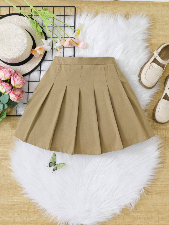 Tween Girl Sweet And Cool Style Solid Color Pleated Skirt With Woven Texture