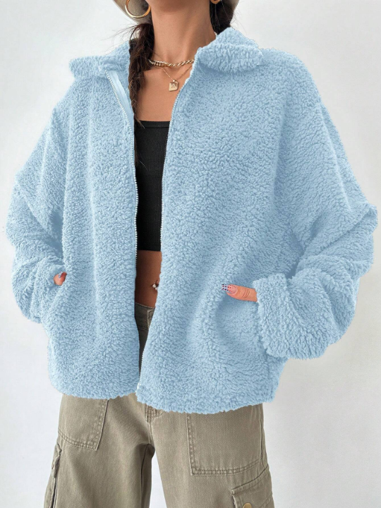 Drop Shoulder Zip-Front Teddy Coat In Lamb Wool