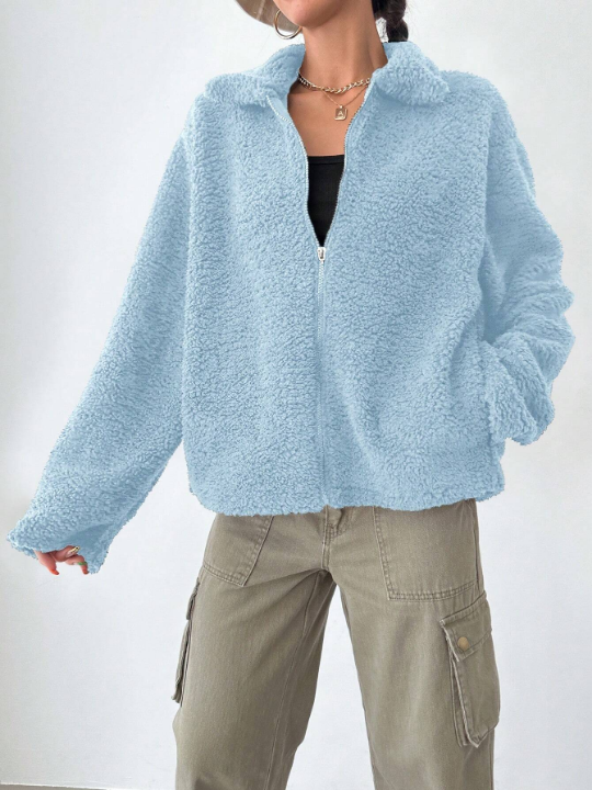 Drop Shoulder Zip-Front Teddy Coat In Lamb Wool