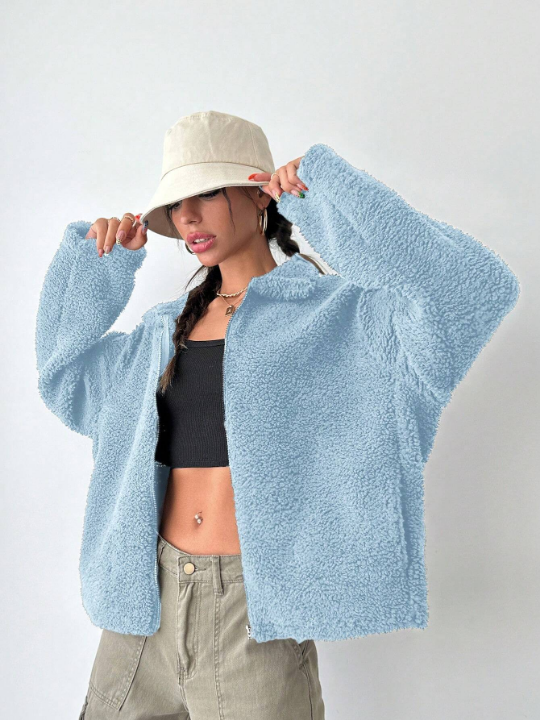 Drop Shoulder Zip-Front Teddy Coat In Lamb Wool