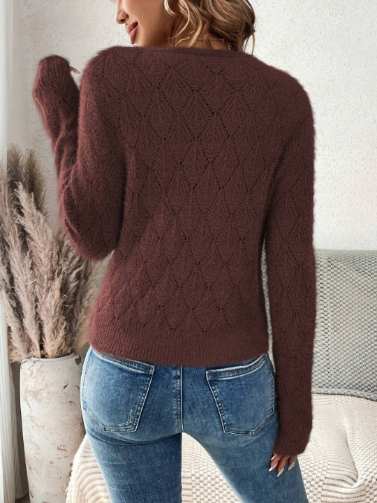 Frenchy Women's V-neck Long Sleeve Hollow Out Knit Sweater