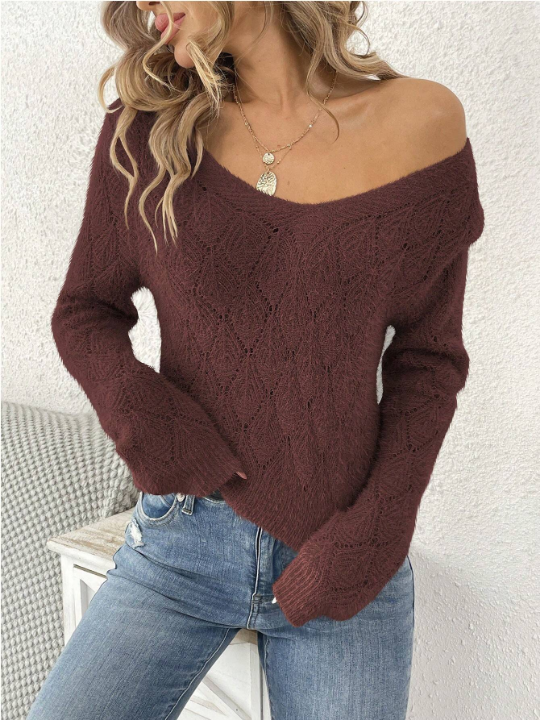 Frenchy Women's V-neck Long Sleeve Hollow Out Knit Sweater