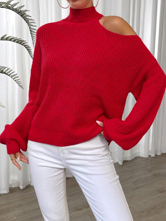 Essnce Women's Turtleneck Solid Color Asymmetrical Collar Sweater